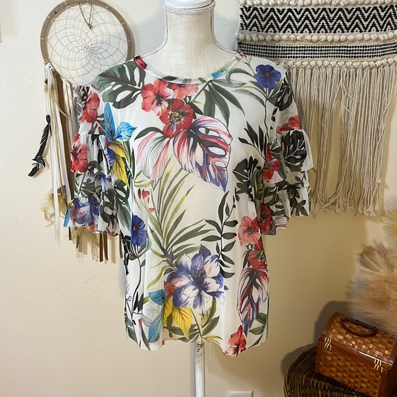 Mesh Floral Print Top with Double Ruffled Sleeves/ Sheer   Mesh Top/ Size Large - Picture 1 of 8